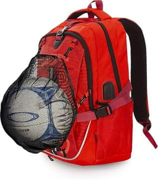 Nikcorp Dječji sportski ruksak BONN s mrežom za loptu i kacigu, pretinac za laptop 15.6", USB priključak, 20L, crveni