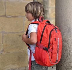 Nikcorp Dječji sportski ruksak BONN s mrežom za loptu i kacigu, pretinac za laptop 15.6", USB priključak, 20L, crveni