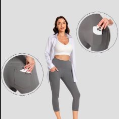 Nikcorp Ženske sportske tajice 3/4 za jogu i fitness, visoki struk, efekt hlađenja, četiri džepa, rastezljive, sive, veličina S