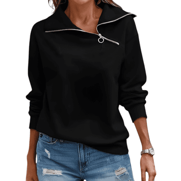 Nikcorp Ženska majica s 1/4 patentnim zatvaračem, oversize kroj, visoki ovratnik, dugi rukavi, mekana i elastična, crna, veličina XS