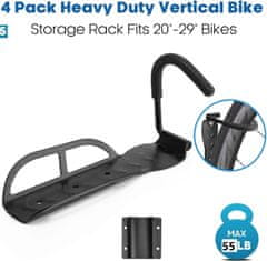 Nikcorp Zidni nosač za bicikl, vertikalni držač s 4 kuke i zaštitnom podloškom za zid, čelik s gumenim premazom, za sve tipove bicikala