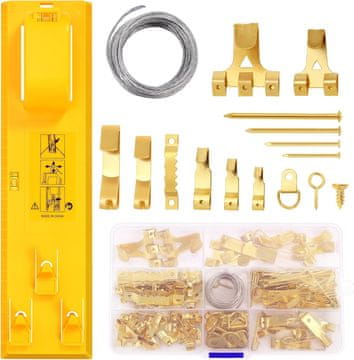 Nikcorp Set za vješanje slika i zidnih dekoracija s libelom i čekićem, kuke, čavli i držači, 224 dijela za montažu do 34 kg