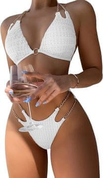 Nikcorp Ženski dvodijelni kupaći kostim Bikini set sa zlatnim lančićima, elegantan glamour model s vezanjem oko vrata, bijeli, L