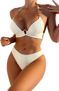 Nikcorp Ženski dvodijelni kupaći kostim bikini s push-up efektom, bež boja, ukrasni lančići s kristalima, podesivo vezanje, veličina L