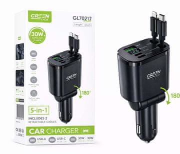 Green Lyca 5 u 1 auto punjač 30W s uvlačivim kabelima