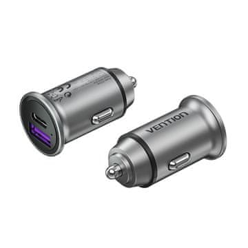 slomart Vention Dvoportni USB A+A (30+30W) auto punjač, sivi, Mini stil, aluminijska legura
