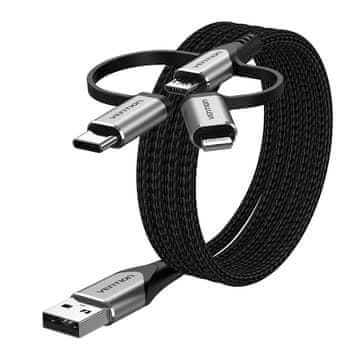 Vention Vention CQJHF 3-u-1 USB A na Micro-B/USB-C/Lightning kabel, 1m, Siva