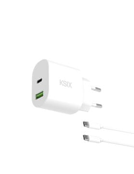 Ksix GaN ultrabrzi zidni punjač 20W, USB-C + USB-A, 1m USB-C na USB-C kabel