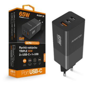 Aligator Mrežni punjač GaN, PD 65W, 2xUSB-C + USB - black