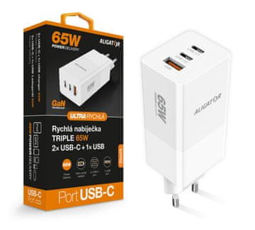Aligator Mrežni punjač GaN, PD 65W, 2xUSB-C + USB - white