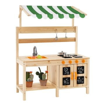 Northix Vanjska dječja kuhinja od jelovine s krovom, 4 štednjaka i sudoperom, prirodna
