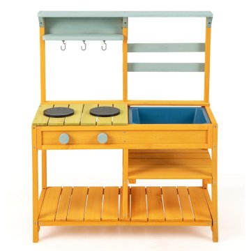Northix Dječja vanjska kuhinja od smrekovog drva, žuta s ručkama štednjaka i sudoperom