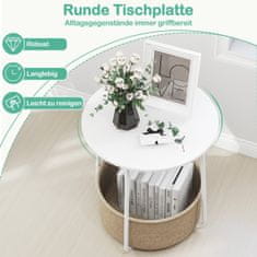 Northix Okrugli bočni stolić s košarom za pohranu – bijeli, metalni okvir