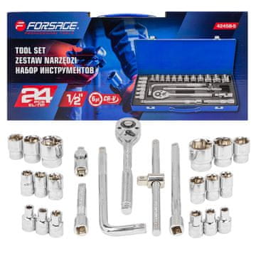 FORSAGE Set nasadnih ključeva, nastavci s račvastim čegrtaljkom, 1/2" 8-32 mm, 6-kraki, 24 komada,