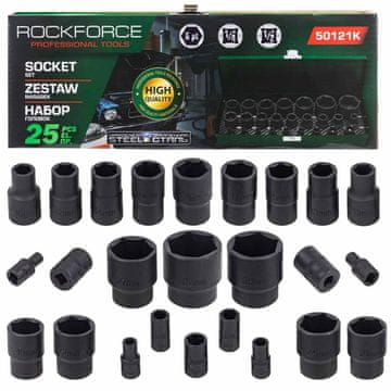 ROCKFORCE Set udarnih nastavka 1/2" 1/4" 4-32 mm, 6-krakih, 25 dijelova u kutiji