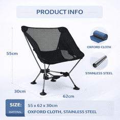 HOME & MARKER® Prijenosna sklopiva stolica 55×62×30 cm s torbom, ergonomska i udobna | PACKSEAT