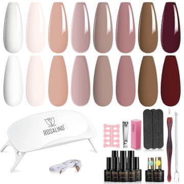 slomart ROSALIND Set za početnike s gel noktima, 8+2 komada gel lakova s UV lampom Nude Brown White Gel nokti UV lak set Set za početnike Manikura Set za dizajn noktiju