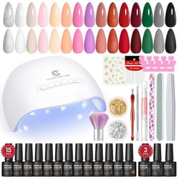 slomart PEACECOLOR 31-dijelni set UV gel lakova s UV lampom, 15 boja gel lakova set s baznim premazom i nadlakom, set za nokte, početni komplet za gel nokte, napravi si nokte sama, salon za nokte