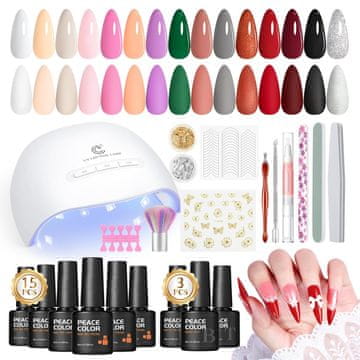 slomart PEACECOLOR UV Set lakova za nokte, 15 boja gel lakova s lampom za nokte, crvena crna bijela roza gel nokti početni set, baza i završni sloj mat manikura set za oblikovanje noktiju
