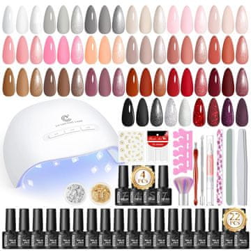 slomart PEACECOLOR 44PCS UV Komplet lakova za nokte s UV/LED lampom za nokte, set od 22 boje gel lakova za nokte + 4 bazna nadlaka s mat i šljokicama, crveni roza nude nokti set za manikuru za početnike
