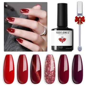 slomart modelones UV lak za nokte crveni, 6 boja Cat Eye crveni svjetlucavi bordo tamni gel lak za nokte s magnetom, set gel lakova set gel noktiju Soak Off manikura Nail Art Salon DIY
