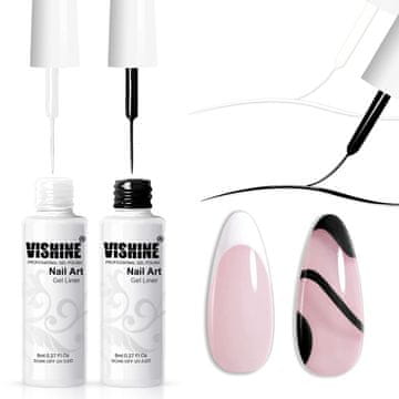 slomart Vishine Gel lak za nokte komplet, 2 klasične bijele i crne boje, gel boja za umjetnost za spiralne nokte, euforija, tanki kist za nail art u gel olovkama, Soak-Off komplet za nail art