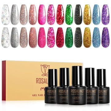 slomart ROSALIND UV lak za nokte, 12 boja šljokica srebrna roza crvena crna ljubičasta gel lak set, Soak-Off Mini UV obojeni gel gel nokti za oblikovanje noktiju gel lak manikura poklon