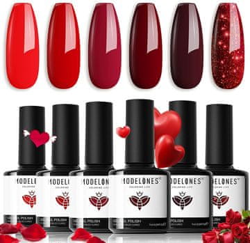 slomart Modelones UV lak za nokte, crveni svjetlucavi set od 6 boja gel lakova, Soak Off prirodni gel lak za nokte, UV-LED lak, gel lak za početnike, nail art manikura salon