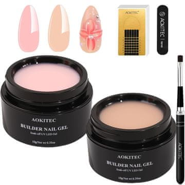 slomart Aokitec Builder Gel Set Pink Nude – BIAB tvrdi gradbeni gel, 2 boje, 100 kalupa i kist za profesionalno produživanje i jačanje noktiju