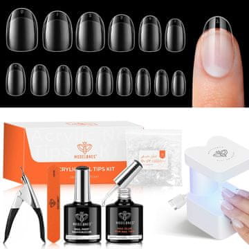 slomart Modelones komplet za produživanje noktiju 510 kom + 9u1 UV gel ljepilo, primer, mini UV lampa, 15 veličina ovalnih vrhova (XS)