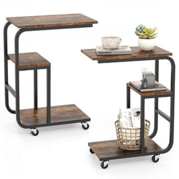 Northix Set od 2 pomoćna stolića u obliku slova C, s kotačima, rustikalna smeđa + crna, 3 razine pohrane