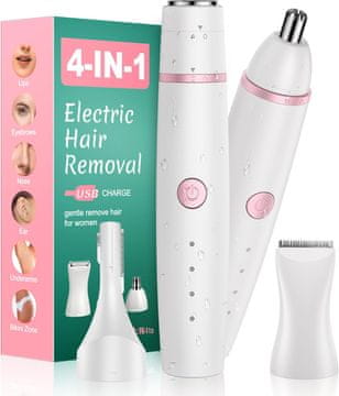 slomart Ženski odstranjivač dlačica 4 u 1 Suho & mokro. Trimer za nos, brijač, intimni predio, obrve. Indikator baterije, IPX6, USB.