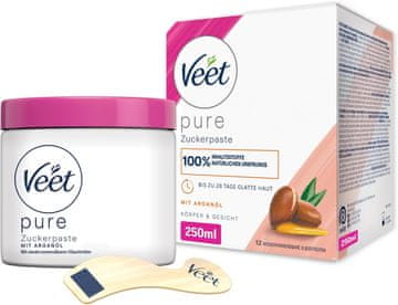 slomart Veet Pure šećerna pasta s arganovim uljem - šećerna pasta za uklanjanje dlačica na tijelu i licu - 1 x 250 ml uklj. s drvenom špatulom i trakama od tkanine