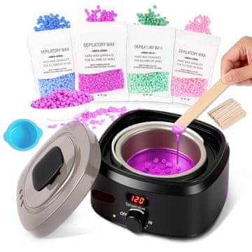 slomart Komplet za depilaciju, uklanjanje dlačica voskom, digitalni grijač za vosak, 400g voska, 20 štapića, silikonska posuda, kućna depilacija, komplet za depilaciju cijelog tijela.