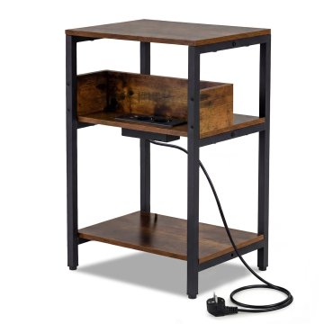 Northix Bočni stolić s punjačem, 3-slojni, rustikalno smeđi, 2 utičnice, USB i Type-C