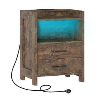 Northix LED noćni ormarić s punjačem, 2 ladice, rustikalno smeđa, 45 x 35 x 60 cm