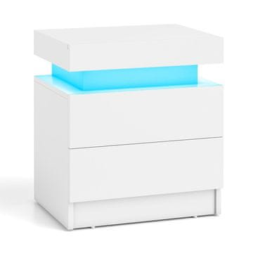 Northix LED noćni ormarić s 2 ladice, bijeli MDF, moderan dizajn, RGB-LED rasvjeta