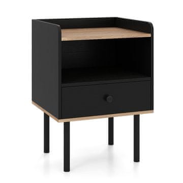 Northix Crni noćni ormarić s ladicom i otvorenom policom, metalne noge, 40,5 x 35 x 56 cm