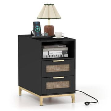 Northix Noćni ormarić s punjačem, 2 ladice, ratan i drvo, dimenzije 60x35x61 cm