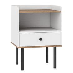 Northix Bijeli noćni ormarić s ladicom i otvorenom policom, metalne noge, dimenzije 40,5x35x56 cm