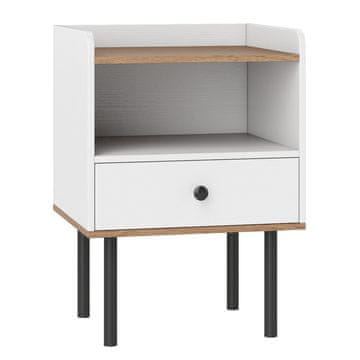 Northix Bijeli noćni ormarić s ladicom i otvorenom policom, metalne noge, dimenzije 40,5x35x56 cm