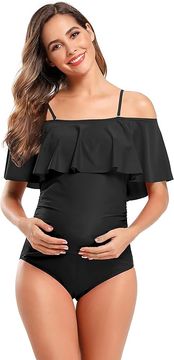 Nikcorp Trudnički kupaći kostim jednodijelni s volanom, odvojive naramenice, rastezljivi nabori za trbuh, crni, veličina M