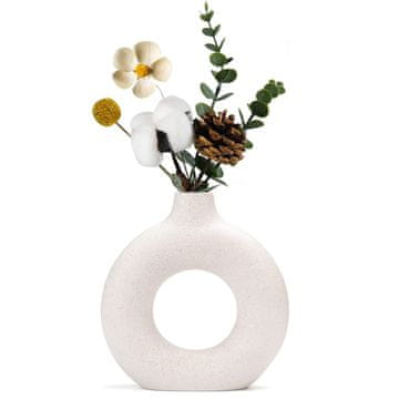 Nikcorp Keramička vaza za cvijeće Donut, okrugla dekorativna vaza, bijela mat, minimalistički boho stil, visina 19 cm, za dom
