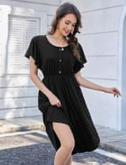 Nikcorp Ljetna swing midi haljina kratkih rukava s džepovima i ukrasnim gumbima, prozračna pamučna mješavina, crna boja, veličina S