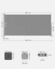 Songmics Bočni tende 140x300 cm siva