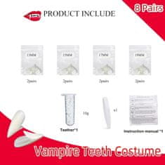 Nikcorp Vampirski zubi i umjetni očnjaci za Halloween, set 8 parova u 4 veličine s ljepilom, medicinska smola, za djecu i odrasle