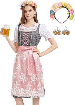 Nikcorp Bavarska haljina Dirndl kostim za Oktoberfest, set 5 u 1 s pregačom, bluzom i dodacima, veličina M, rozo-bijela