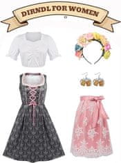 Nikcorp Bavarska haljina Dirndl kostim za Oktoberfest, set 5 u 1 s pregačom, bluzom i dodacima, veličina M, rozo-bijela