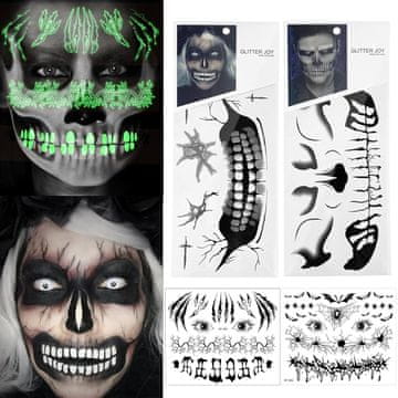 Nikcorp Tetovaže za lice za Noć vještica, set od 4 arka, privremene tetovaže s motivom lubanje i ožiljaka za djecu i odrasle