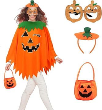 Nikcorp Kostim bundeve za Halloween, ženski set s ogrtačem, trakom za glavu, torbom i naočalama, narančasta univerzalna veličina